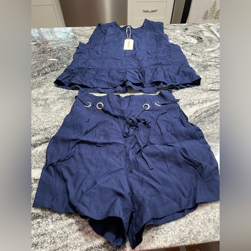 Women 2 Piece Set, Tank Top and Drawstring Shorts, Navy, Medium - Picture 3 of 9